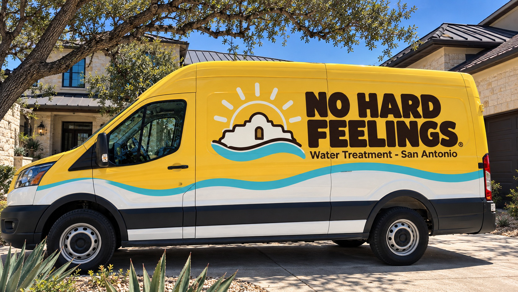 The real No Hard Feelings water treatment van at a San Antonio home