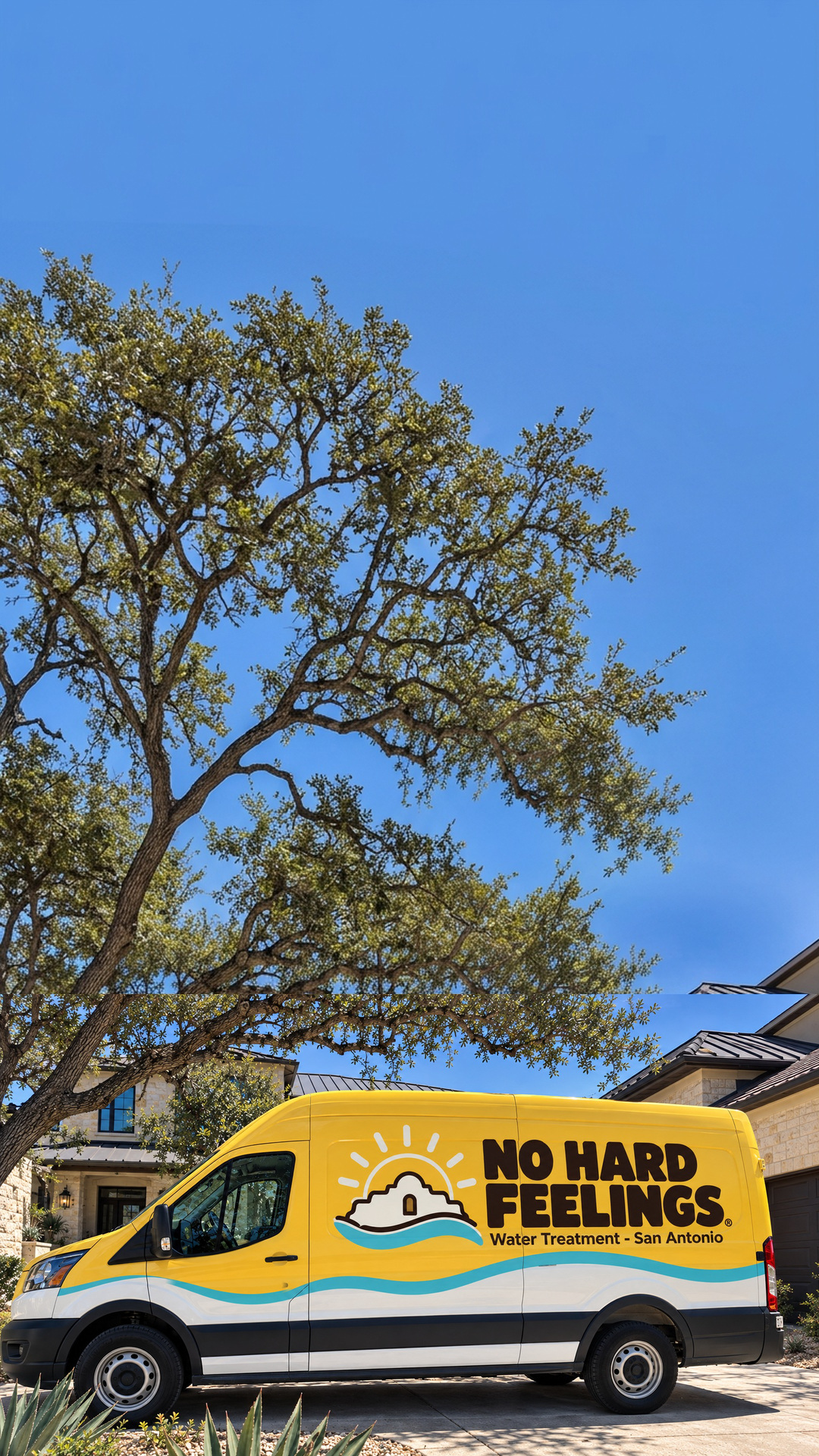 The real No Hard Feelings water treatment van at a San Antonio limestone home